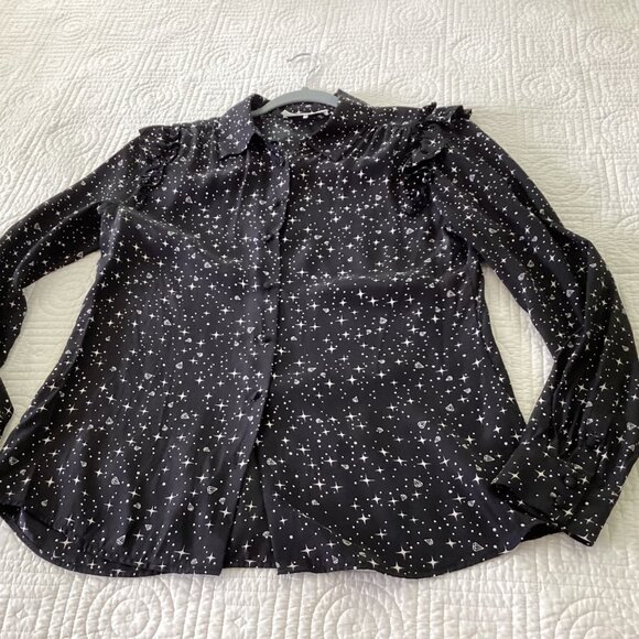 Frame Noir Diamond Sky Star Print 100% Silk Shirt Size S $289 Ruffle Button Down - Picture 10 of 15